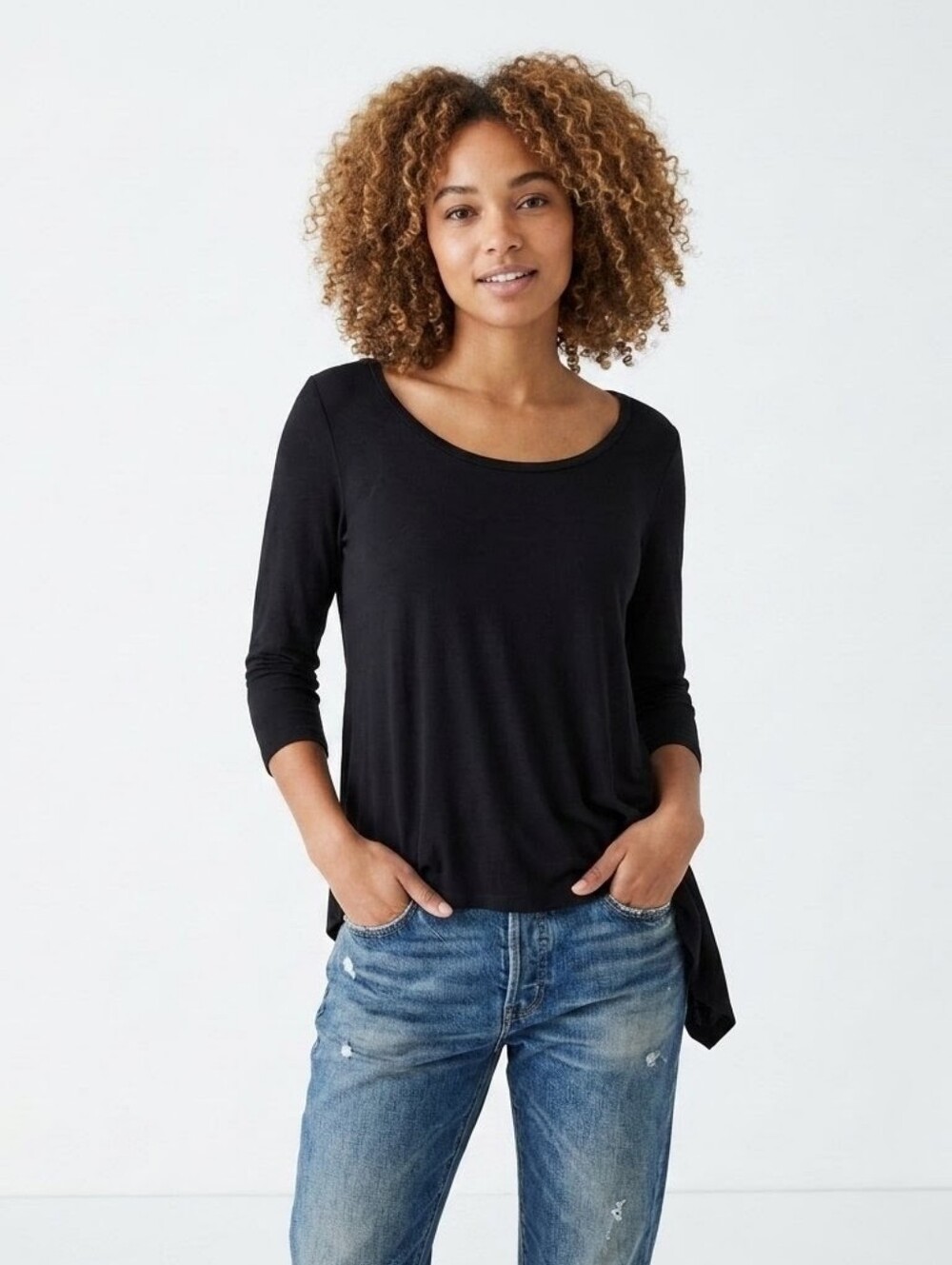 People Like Frank Black Asymmetrical High-Low Scoop Neck Tunic Top - Small